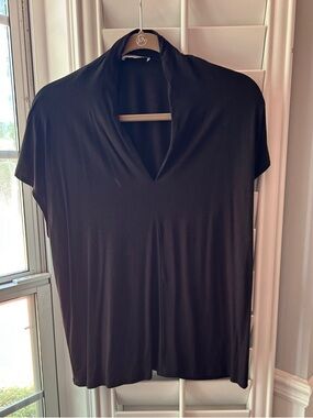 Petite Principle Classic Black Short Sleeve V-Neck Drape Blouse